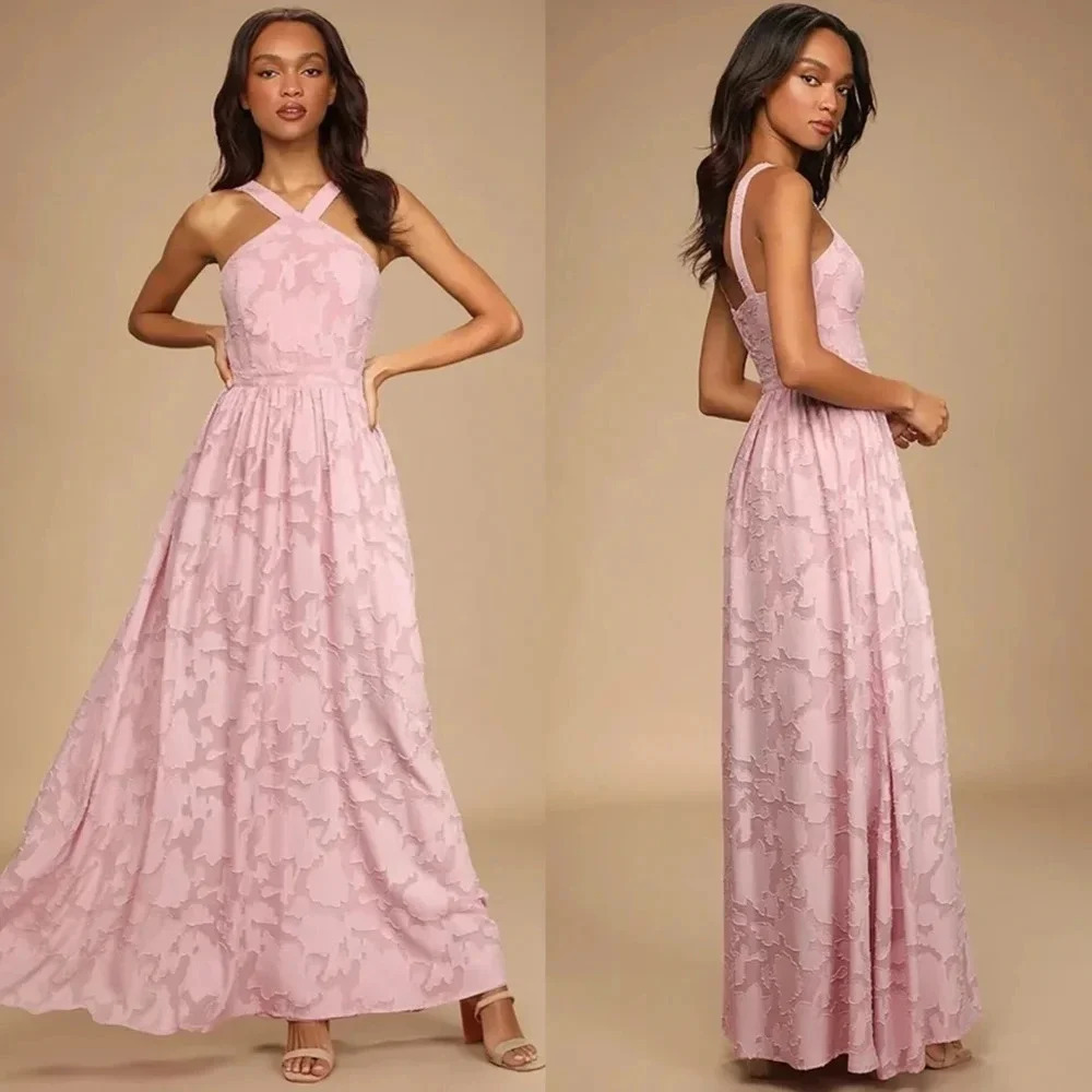 Pink Lace Cross-Strap Formal Dress